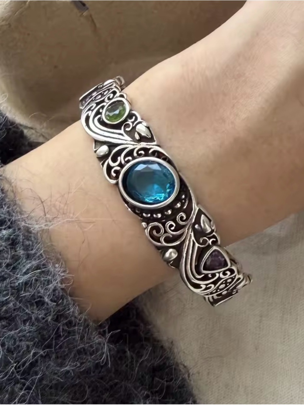 Sterling Silver Bracelet with Blue, Green and Purple Gemstones